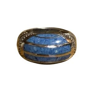 Sterling Silver and Sodalite Inlayed Dome Ring Size 6.25 Vintage Signed SD